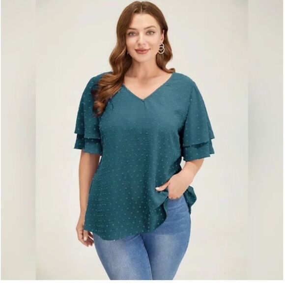 BloomChic Swiss chenille dot v neck top w/double ruffle flutter sleeve sz 18-20 - Picture 1 of 11